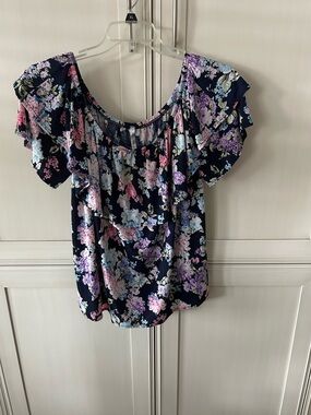 Acting Pro Navy Floral Off-Shoulder Ruffle Blouse